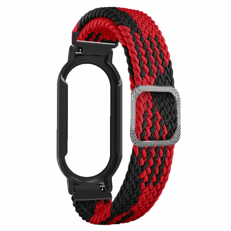 For Xiaomi Smart Band 8 Braided Nylon Watch Band Elastic Wrist Strap with Watch Case and Screen Protector - Red Black+Black Case