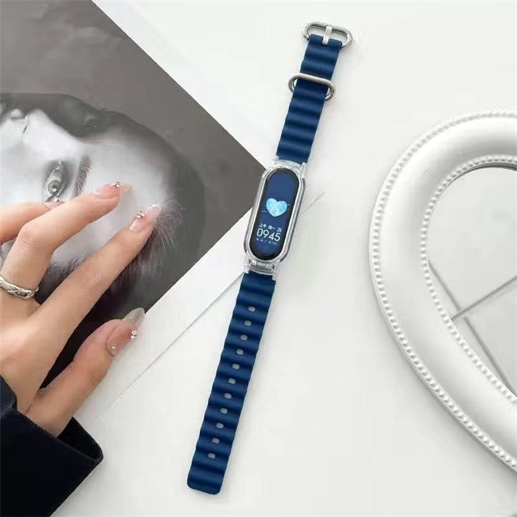 For Xiaomi Smart Band 8 Silicone Watch Strap Adjustable Ocean Watch Band with Transparent Case - Midnight Blue+Transparent Case
