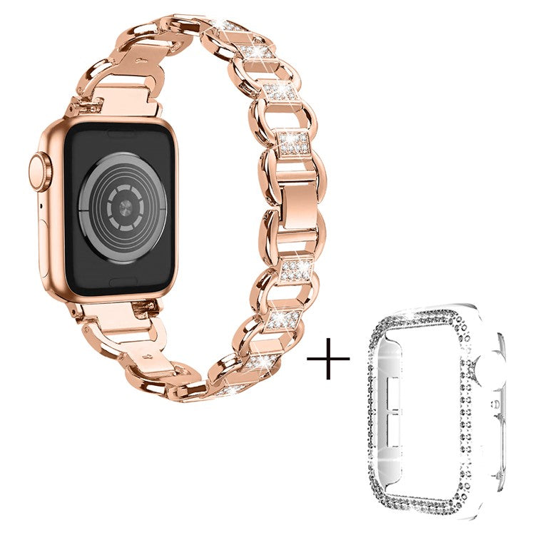 For Apple Watch Series 1 / 2 / 3 38mm Rhinestones Decor Oval Alloy Wrist Strap + Transparent PC Watch Case - Rose Gold