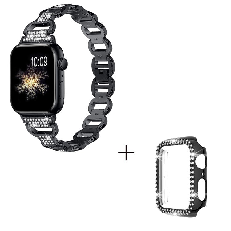 For Apple Watch Series 1 / 2 / 3 42mm Oval Alloy Strap Rhinestones Decor Watch Band + PC Watch Case - Black