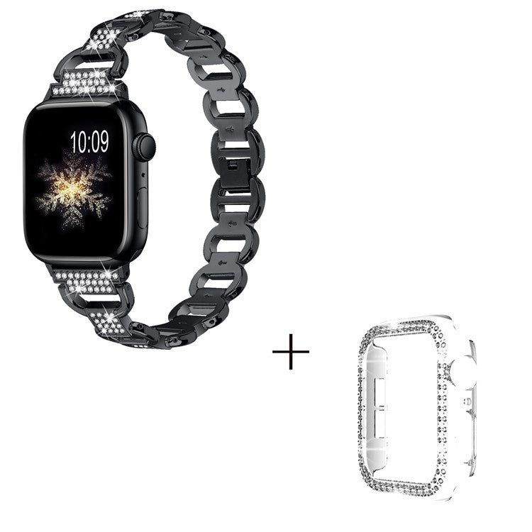 For Apple Watch Series 7 / 8 45mm Oval Alloy Strap Rhinestones Decor Wrist Band + PC Clear Watch Case - Black