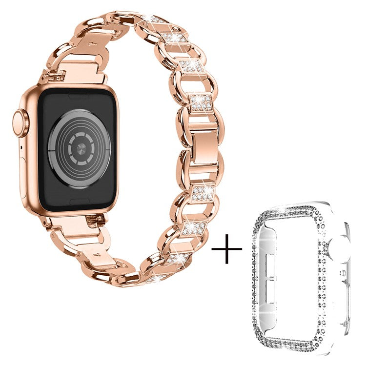 For Apple Watch Series 7 / 8 45mm Oval Alloy Strap Rhinestones Decor Wrist Band + PC Clear Watch Case - Rose Gold