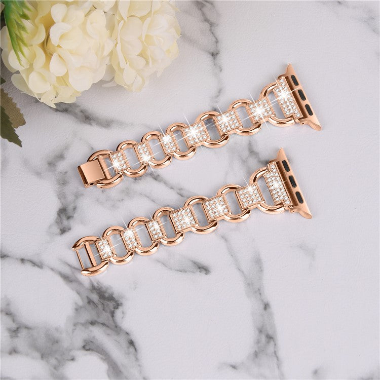 For Apple Watch Series 7 / 8 45mm Oval Alloy Strap Rhinestones Decor Wrist Band + PC Clear Watch Case - Rose Gold