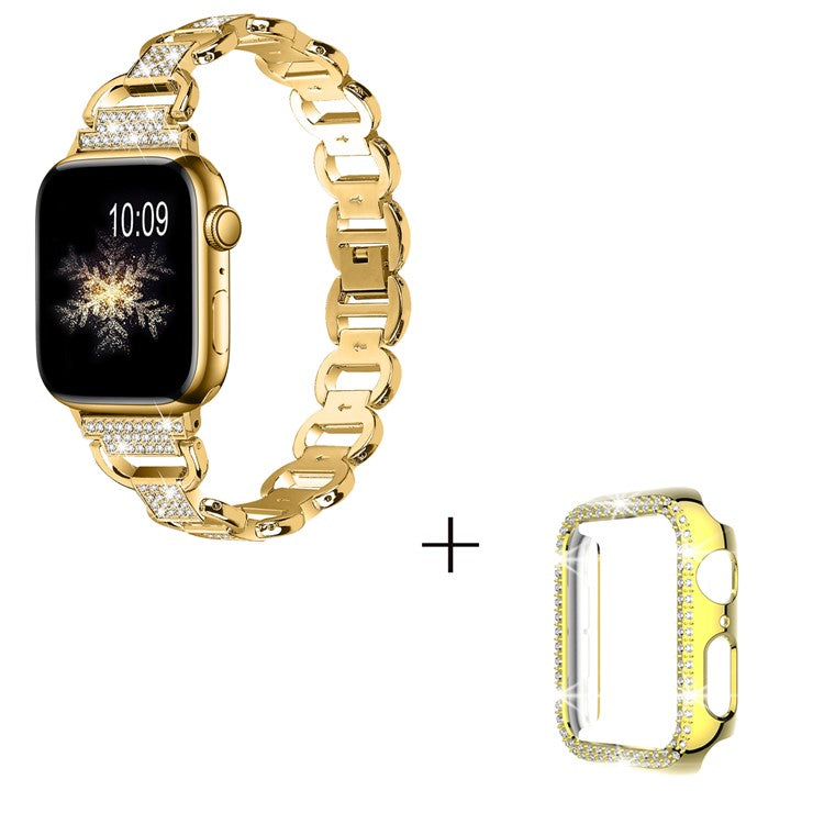 For Apple Watch Series 7 / 8 45mm Oval Alloy Wrist Strap Rhinestones Decor Watchband + PC Watch Case - Gold