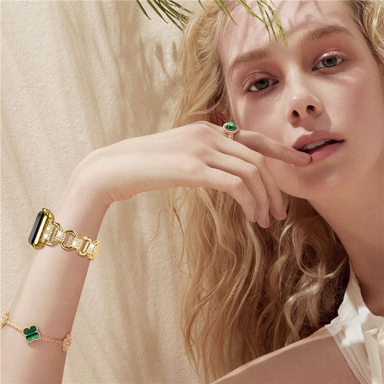 For Apple Watch Series 7 / 8 45mm Oval Alloy Wrist Strap Rhinestones Decor Watchband + PC Watch Case - Gold