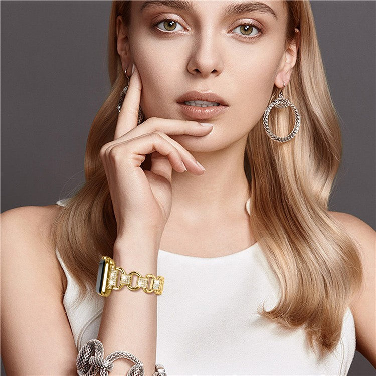 For Apple Watch Series 7 / 8 45mm Oval Alloy Wrist Strap Rhinestones Decor Watchband + PC Watch Case - Gold