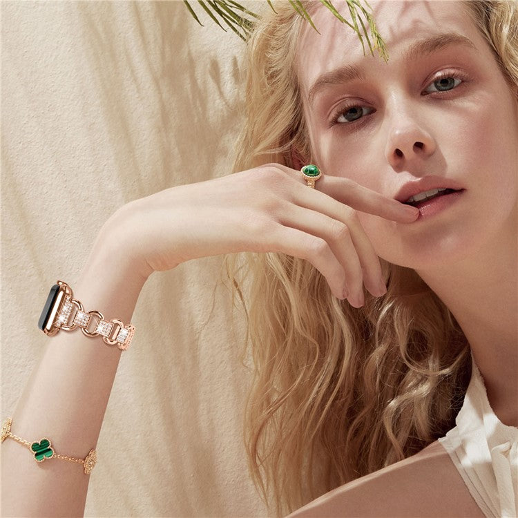 For Apple Watch Ultra 49mm Rhinestones Decor Oval Shape Alloy Watch Strap + PC Anti-scratch Watch Case - Rose Gold