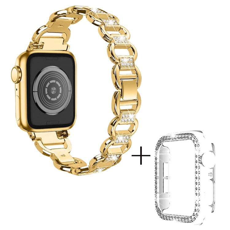 For Apple Watch Series 4 / 5 / 6 / SE / SE (2022) 44mm Rhinestones Decor Oval Shape Alloy Wrist Strap + PC Clear Watch Case - Gold