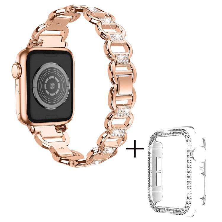 For Apple Watch Series 4 / 5 / 6 / SE / SE (2022) 44mm Rhinestones Decor Oval Shape Alloy Wrist Strap + PC Clear Watch Case - Rose Gold