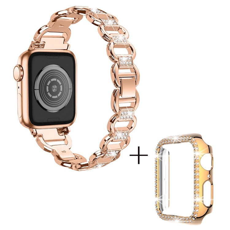 For Apple Watch Series 4 / 5 / 6 / SE / SE (2022) 40mm Rhinestones Decor Oval Alloy Replace Watch Band + PC Watch Frame - Rose Gold
