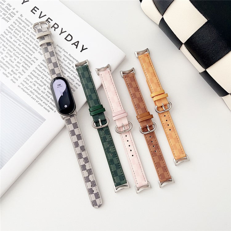 Replacement Watch Band for Xiaomi Smart Band 9 NFC / 9 / 8 NFC / 8 Genuine Cow Leather Grids Pattern Watch Strap - Green