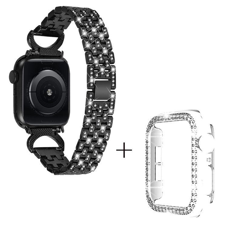 Watch Band for Apple Watch Series 3 2 1 42mm , 5-Bead Rhinestone Decor Stainless Steel Strap + Transparent PC Watch Case - Black