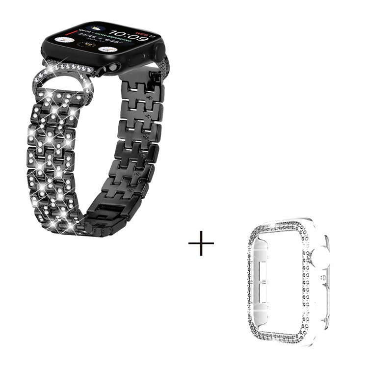 Watch Band for Apple Watch Series 3 2 1 42mm , 5-Bead Rhinestone Decor Stainless Steel Strap + Transparent PC Watch Case - Black