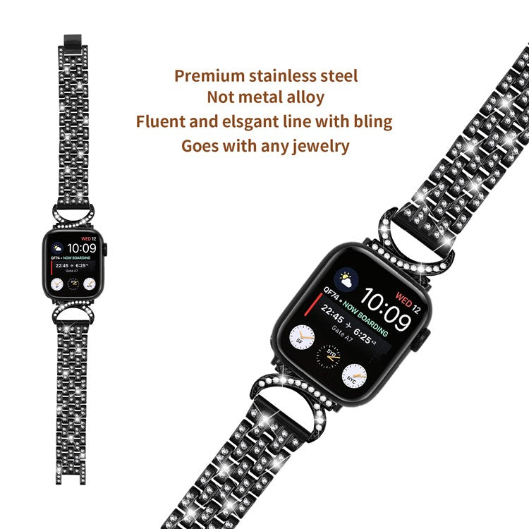 Watch Band for Apple Watch Series 3 2 1 42mm , 5-Bead Rhinestone Decor Stainless Steel Strap + Transparent PC Watch Case - Black