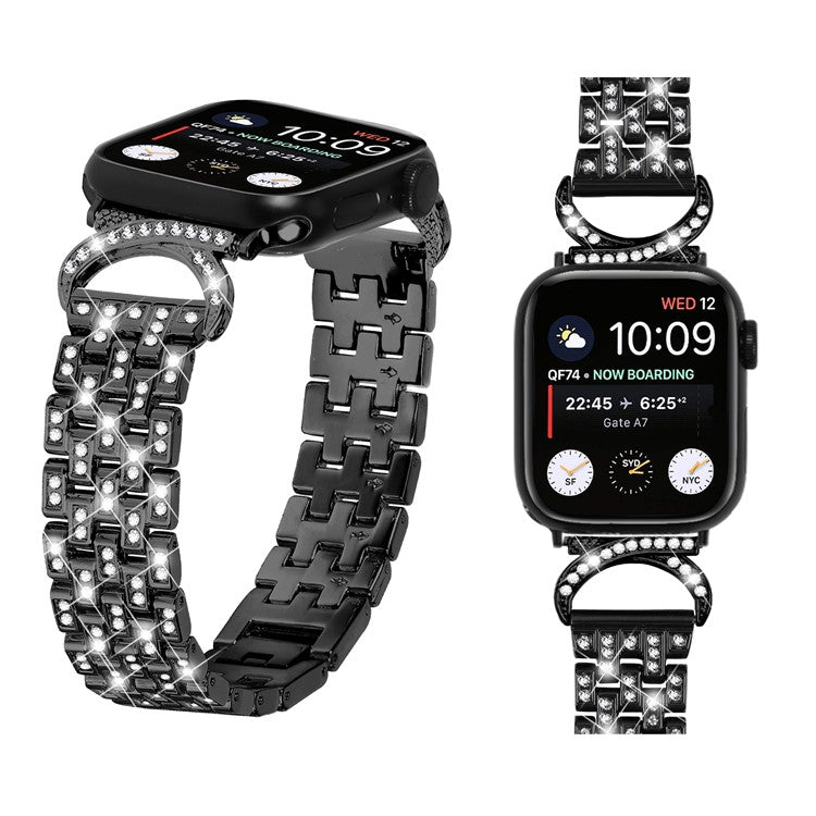 Watch Band for Apple Watch Series 3 2 1 42mm , 5-Bead Rhinestone Decor Stainless Steel Strap + Transparent PC Watch Case - Black