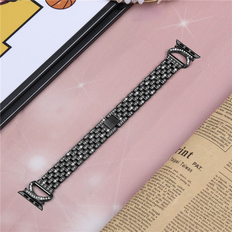 Watch Band for Apple Watch Series 3 2 1 42mm , 5-Bead Rhinestone Decor Stainless Steel Strap + Transparent PC Watch Case - Black