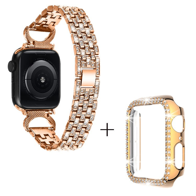 Watch Band with PC Case for Apple Watch Series 8 7 41mm , Rhinestone Decor 5-Bead Stainless Steel Replacement Strap - Rose Gold