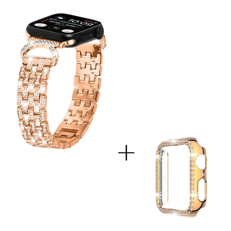 Watch Band with PC Case for Apple Watch Series 8 7 41mm , Rhinestone Decor 5-Bead Stainless Steel Replacement Strap - Rose Gold