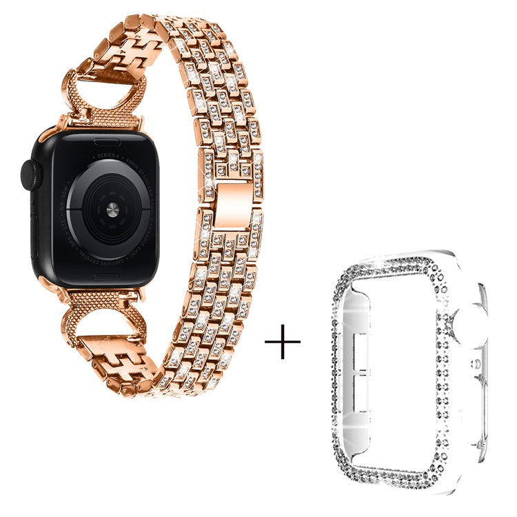 Stainless Steel Strap for Apple Watch Series 6 5 4 SE (2022) SE 44mm , 5-Bead Rhinestone Decor Watch Band with Clear PC Case - Rose Gold