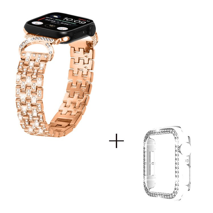 Stainless Steel Strap for Apple Watch Series 6 5 4 SE (2022) SE 44mm , 5-Bead Rhinestone Decor Watch Band with Clear PC Case - Rose Gold