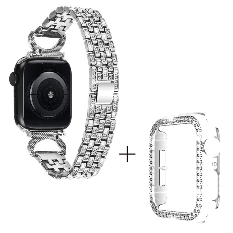 For Apple Watch Ultra 49mm Stainless Steel Watch Bands 5-Bead Rhinestone Decor Strap with Clear PC Case - Silver
