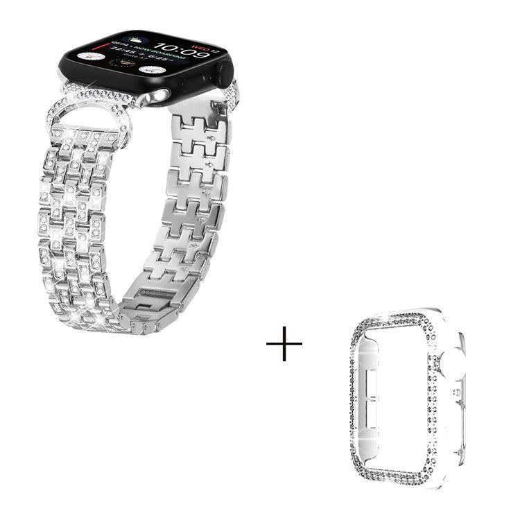 For Apple Watch Ultra 49mm Stainless Steel Watch Bands 5-Bead Rhinestone Decor Strap with Clear PC Case - Silver