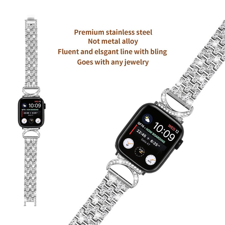 For Apple Watch Ultra 49mm Stainless Steel Watch Bands 5-Bead Rhinestone Decor Strap with Clear PC Case - Silver
