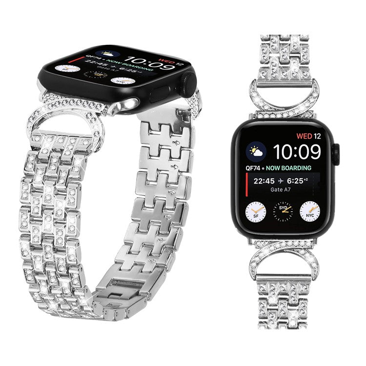 For Apple Watch Ultra 49mm Stainless Steel Watch Bands 5-Bead Rhinestone Decor Strap with Clear PC Case - Silver