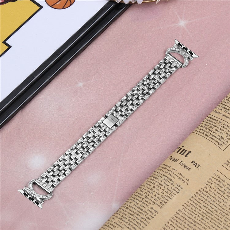 For Apple Watch Ultra 49mm Stainless Steel Watch Bands 5-Bead Rhinestone Decor Strap with Clear PC Case - Silver