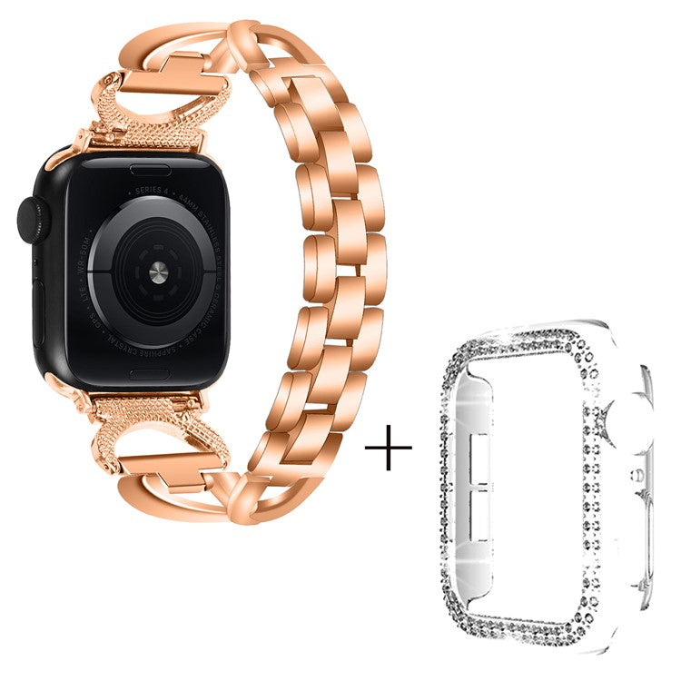 For Apple Watch Series 1 / 2 / 3 38mm Rhinestones Decor X-shape Alloy Wrist Strap + Clear PC Watch Case - Rose Gold