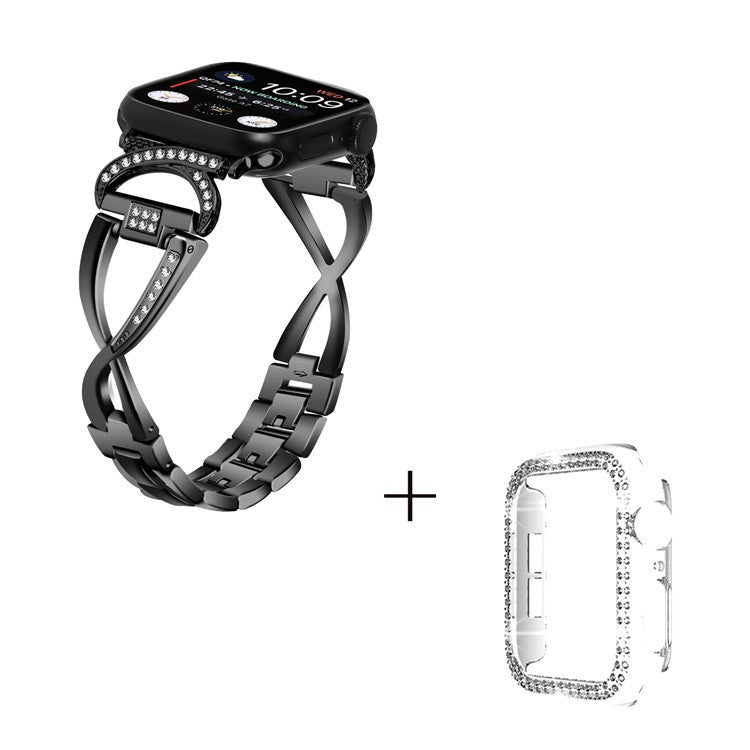 For Apple Watch Series 7 / 8 41mm Alloy Strap Rhinestones Decor X-shape Wrist Band + Clear PC Watch Frame - Black