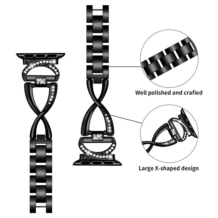 For Apple Watch Series 7 / 8 41mm Alloy Strap Rhinestones Decor X-shape Wrist Band + Clear PC Watch Frame - Black