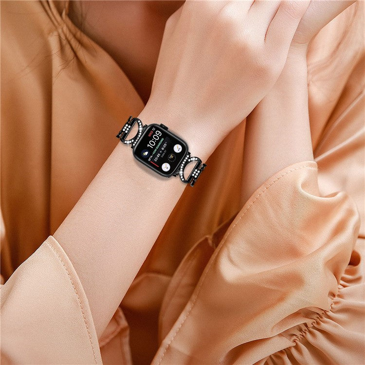 For Apple Watch Series 7 / 8 41mm Alloy Strap Rhinestones Decor X-shape Wrist Band + Clear PC Watch Frame - Black
