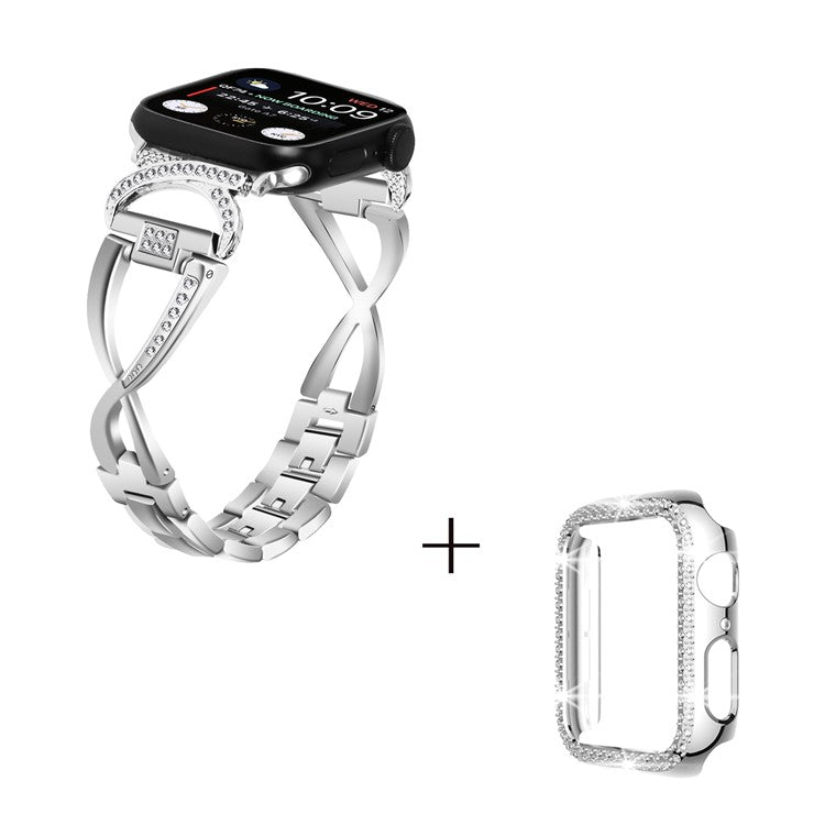 For Apple Watch Series 7 / 8 41mm Rhinestones Decor Wrist Band X-shape Alloy Strap + PC Watch Case - Silver