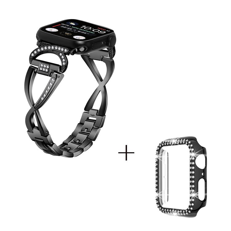 For Apple Watch Series 4 / 5 / 6 / SE / SE (2022) 40mm Rhinestones Decor X-shape Alloy Smartwatch Strap + PC Watch Case - Black