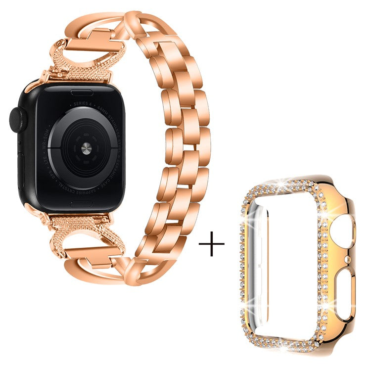 For Apple Watch Series 4 / 5 / 6 / SE / SE (2022) 44mm X-shape Rhinestone Alloy Watch Band + PC Anti-scratch Watch Case - Rose Gold