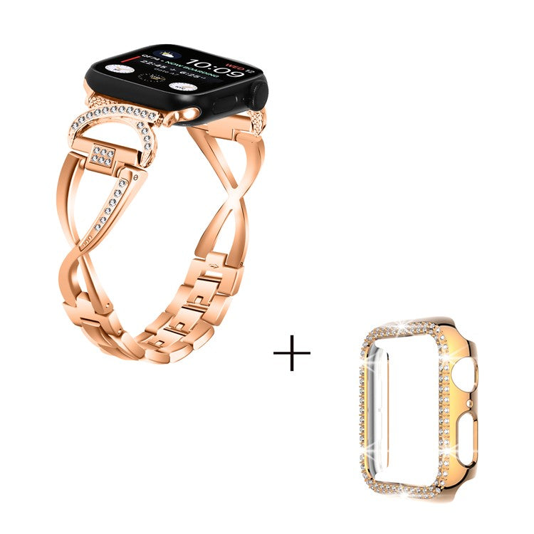 For Apple Watch Series 4 / 5 / 6 / SE / SE (2022) 44mm X-shape Rhinestone Alloy Watch Band + PC Anti-scratch Watch Case - Rose Gold