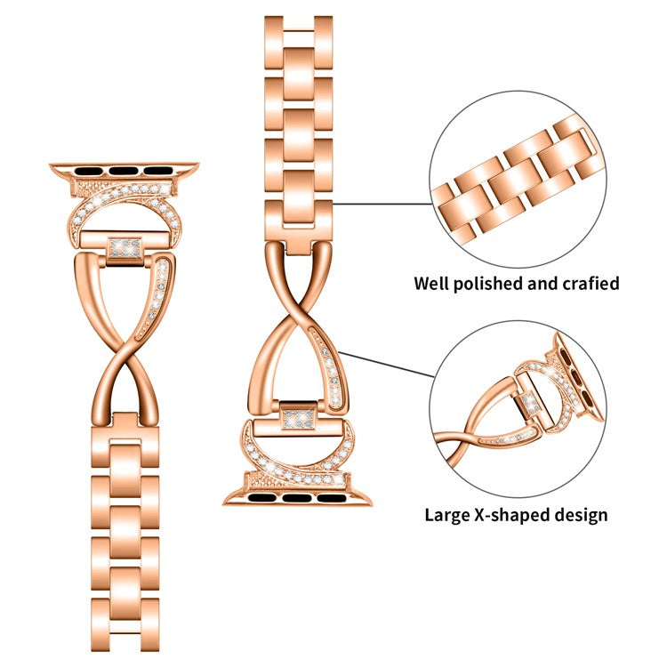 For Apple Watch Series 4 / 5 / 6 / SE / SE (2022) 44mm X-shape Rhinestone Alloy Watch Band + PC Anti-scratch Watch Case - Rose Gold