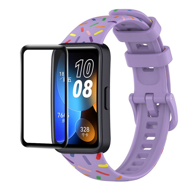 ENKAY HAT PRINCE For Huawei Band 8 / Band 8 NFC / Band 9 / Band 9 NFC Printed Silicone Watch Band with Soft PC Edge PMMA Screen Film - Purple