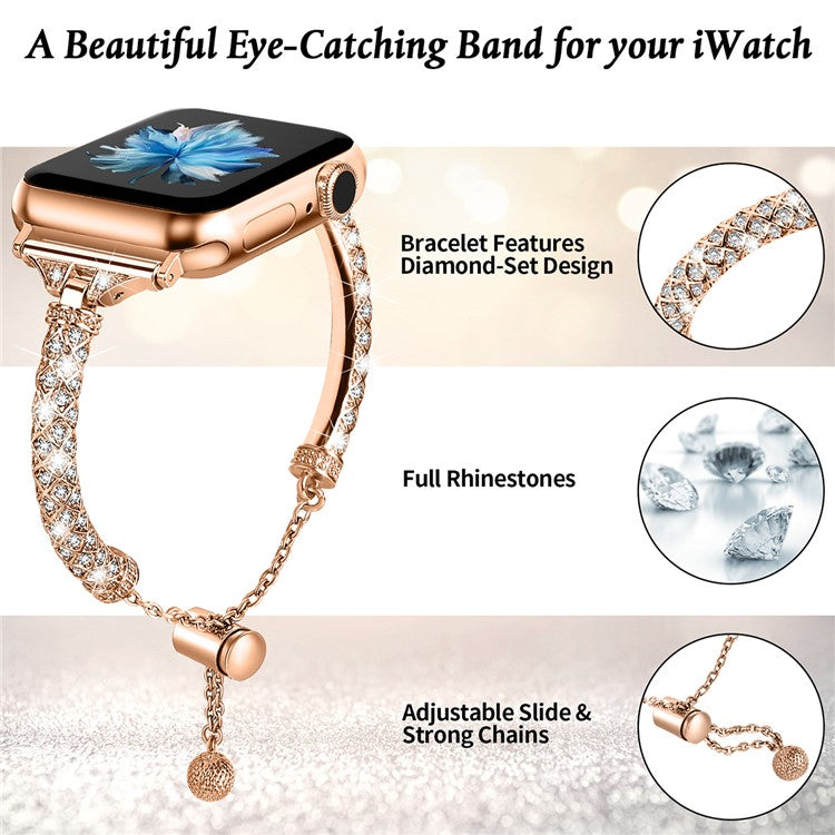 Dressy Bracelet for Apple Watch Series 10 46mm / Ultra 2 Ultra 49mm / Series 9 8 7 45mm / 6 5 4 SE (2023) SE (2022) SE 44mm / 3 2 1 42mm , Rhinestone Decor Copper Watch Band - Rose Gold