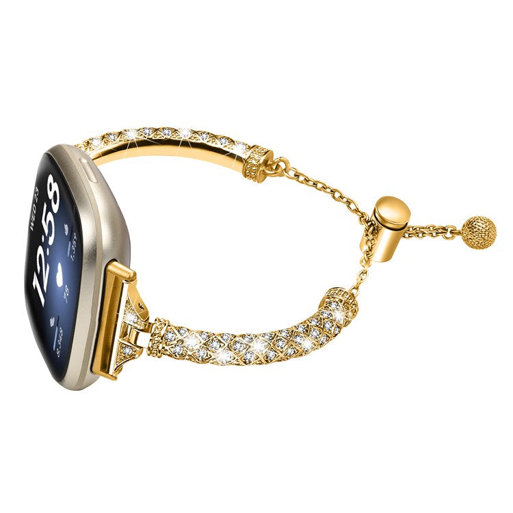 For Fitbit Versa 3 / Sense Watch Band Bling Rhinestone Decor Copper Bracelet Strap - Gold