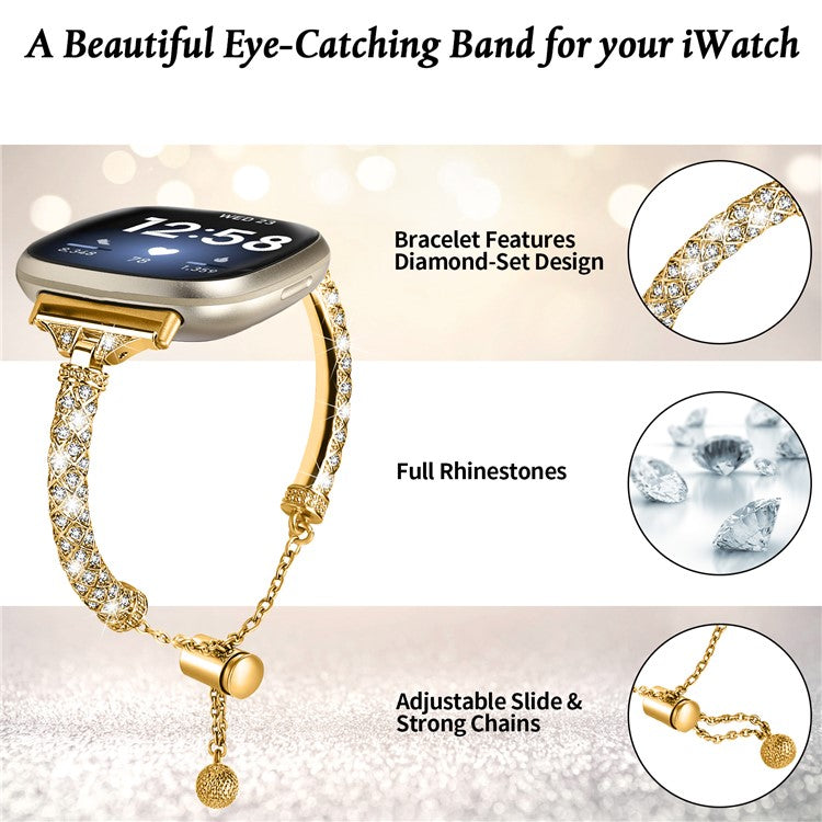 For Fitbit Versa 3 / Sense Watch Band Bling Rhinestone Decor Copper Bracelet Strap - Gold