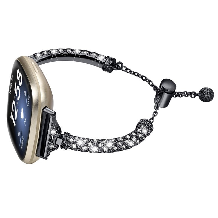 For Fitbit Versa 4 / Sense 2 Bracelets Band Rhinestone Decor Bling Chain Copper Watch Strap - Black