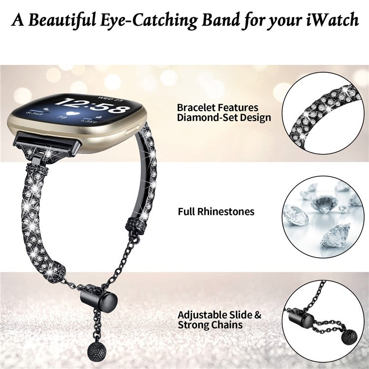 For Fitbit Versa 4 / Sense 2 Bracelets Band Rhinestone Decor Bling Chain Copper Watch Strap - Black