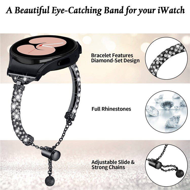 Metal Watch Band for Samsung Galaxy Watch 6 40mm 44mm , Rhinestone Decor Copper Strap Bracelet with Connector - Black