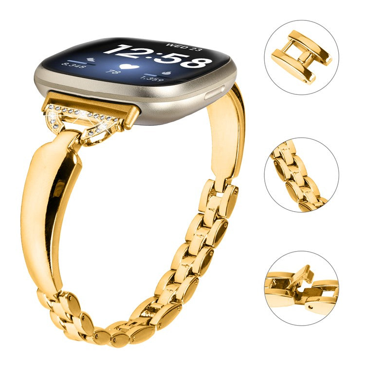 For Fitbit Versa 3 / Sense Copper Watch Band D-shaped Rhinestone Decor Bracelet Strap - Gold
