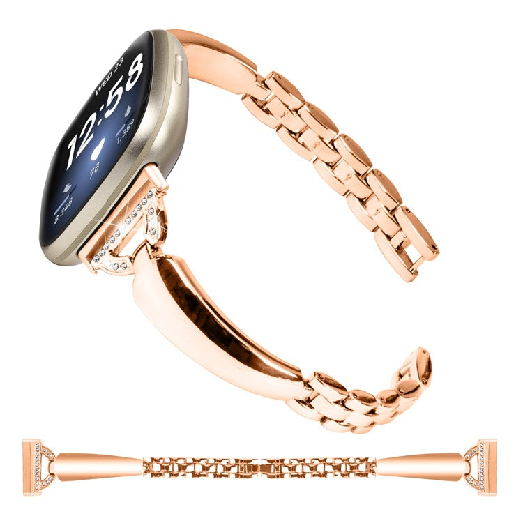 For Fitbit Versa 3 / Sense Copper Watch Band D-shaped Rhinestone Decor Bracelet Strap - Rose Gold