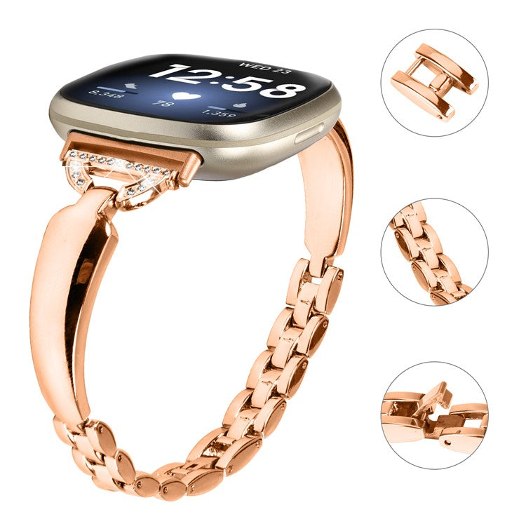 For Fitbit Versa 3 / Sense Copper Watch Band D-shaped Rhinestone Decor Bracelet Strap - Rose Gold