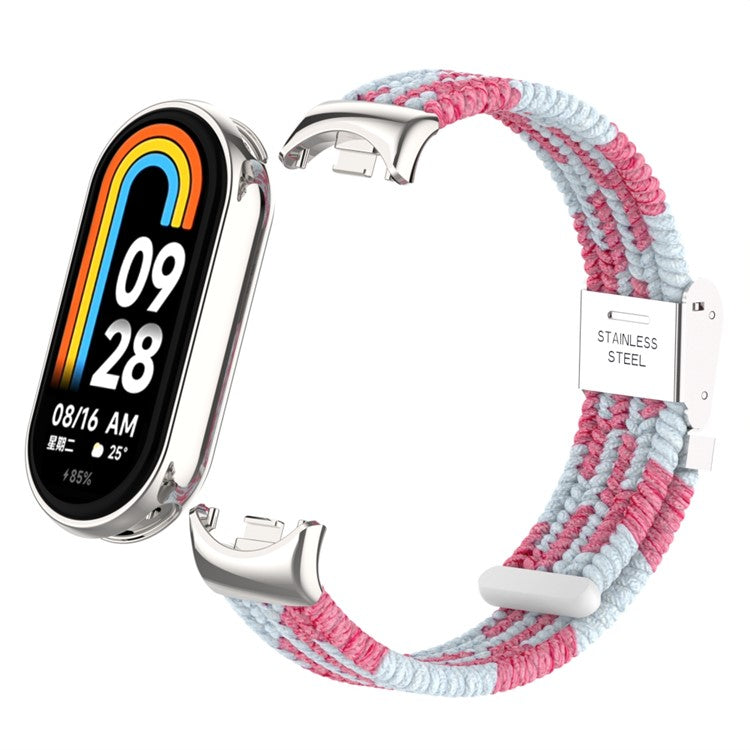 For Xiaomi Smart Band 9 NFC / 9 / 8 NFC / 8 Braided Nylon Watch Band Adjustable Buckle Elastic Strap - Pink / White