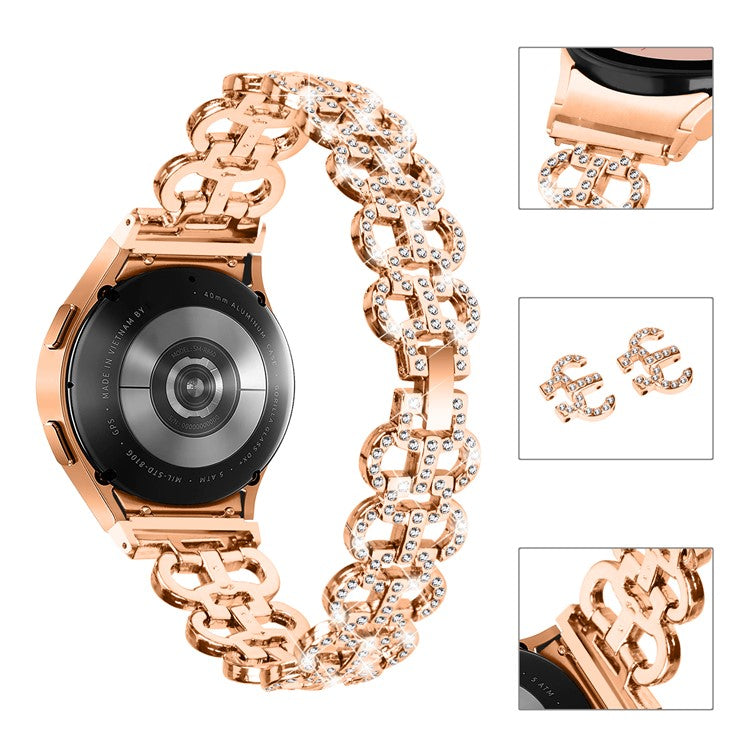 For Samsung Galaxy Watch4 40 / 44mm / Watch4 Classic 42 / 46mm / Watch 5 40 / 44mm Metal Watch Strap Rhinestone Watchband with Connector - Rose Gold
